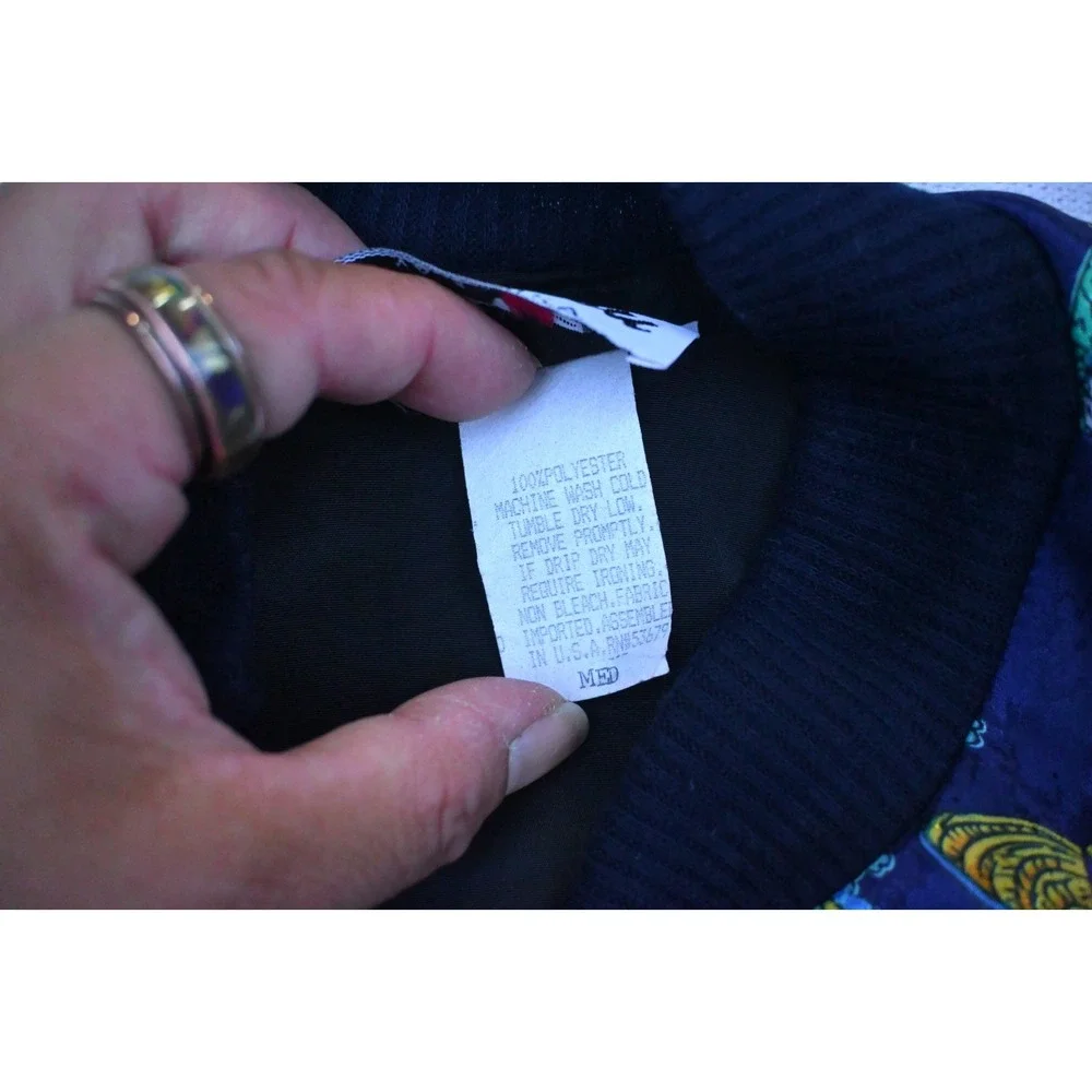 Vintage 90s Caribou Womens M Bomber Jacket Navy Perfume Print Zip Front Bold